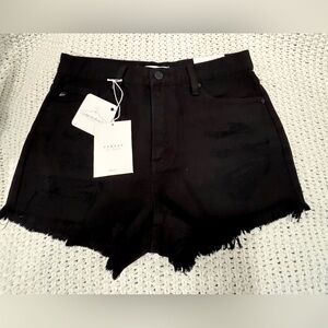 NWT KanCan Black Denim Shorts, 100% Cotton, Fray Hem, Distress Detail; Size 5/26